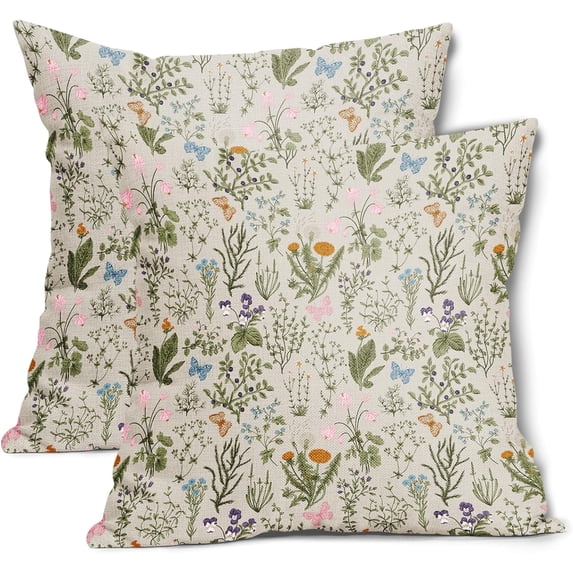 Sage Green Wild Flower Plant Pillow Covers Set of 2 18x18 Inch Spring Summer Floral Linen Polyester Decorative Throw Pillow Case Cushion Cover for Bedroom Sofa Living Room Couch Chair Office