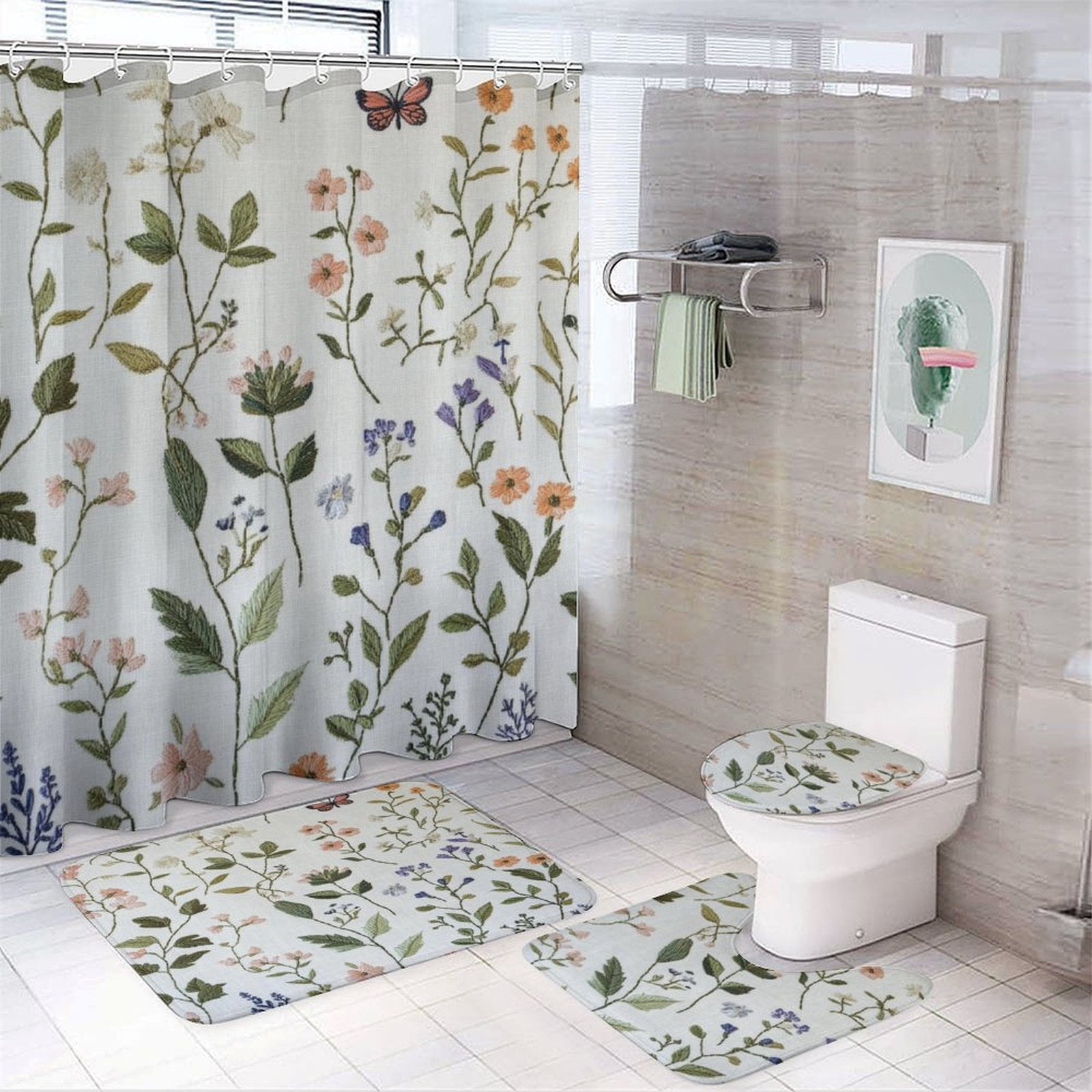 Sage Green Wild Flower Plant Shower Curtain Sets 4 Piece Shower Curtain Set with Non-Slip Rugs Toilet Lid Cover And Bath Mat Seasonal Floral Butterfly Durable And Waterproof for Bathroom Decor