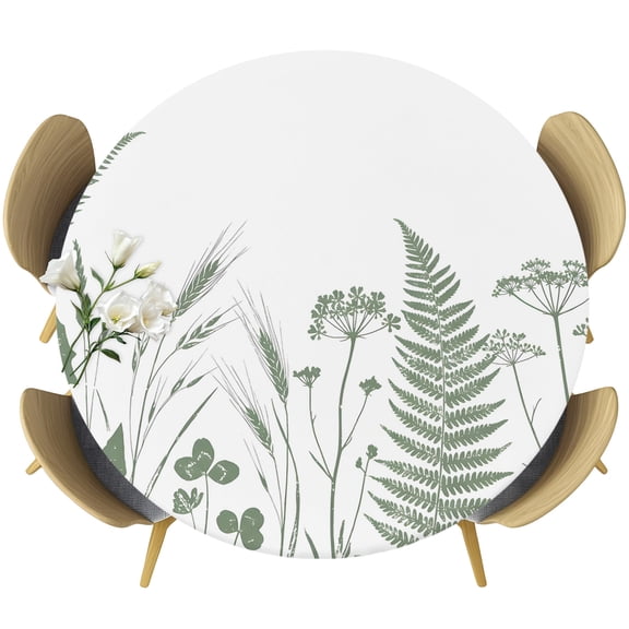 Sage Green Wild Grasses Round Tablecloth 45-54 Inch Round Fitted Table Cloth with Elastic Edge, Farmhouse Botanical Leaves Waterproof Table Cover Protector for Outdoor Picnic Party Dining