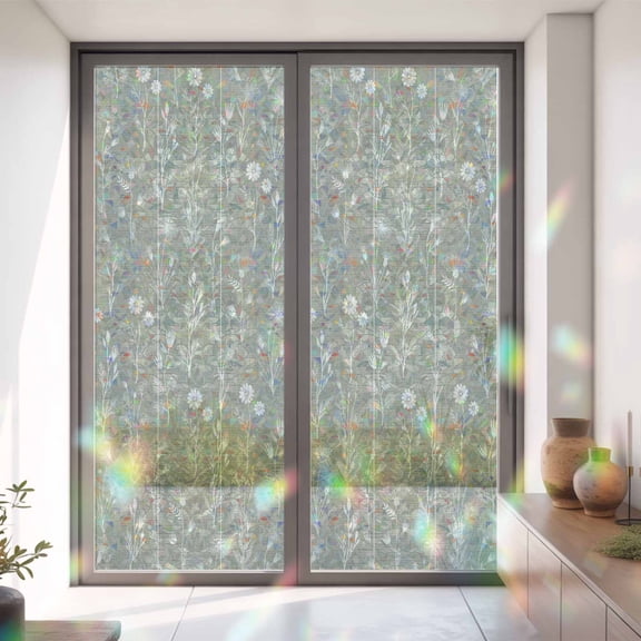 Sage Green Wildflower Herb Window Privacy Film,Decorative Windows Static Cling Spring Pastoral Floral Heat Control Removable Glass Sticker for Home Bathroom Bedroom Window Door,35x79in