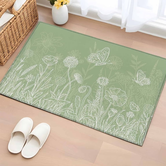 Sage Green Wildflowers Entryway Rug 2'x3' Non Slip Front Door Mats, Modern Floral Butterfly Plant Entrance Rugs Indoor Outdoor Carpet, Washable Floor Mats Small Area Rug for Bedroom Kitchen