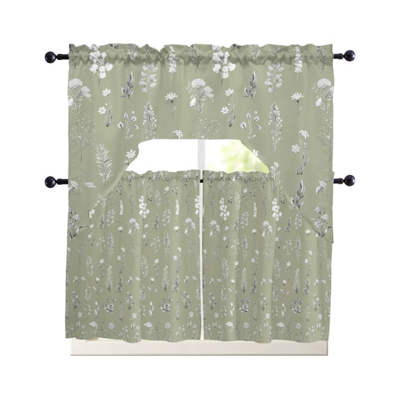 Sage Green Wildflowers Kitchen Curtains Set for Windows 3 Piece Cafe Curtains 36 Inch Length Swag Curtains Valances and Tier Set Farmhouse Botanical Garden Floral Drapes for Bedroom Living Room