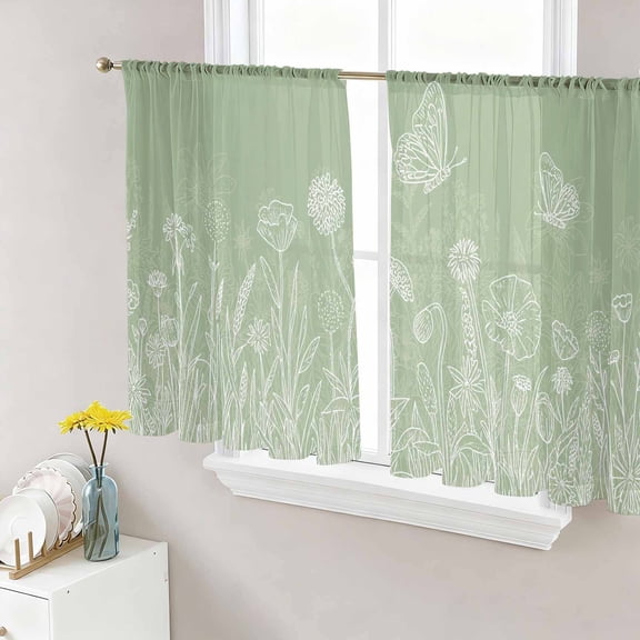 Sage Green Wildflowers Semi Sheer Curtains 45 Inch Length 2 Panels Set, Modern Floral Butterfly Plant Sheer Kitchen Curtain Privacy Voile Window Curtain for Living Room Bedroom Rod Pocket Drapes