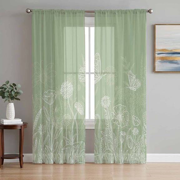 Sage Green Wildflowers Sheer Curtains 72 Inch Length 2 Panels Set, Modern Floral Butterfly Plant Voile Window Treatment Rod Pocket Curtains Sheers Drapes for Bedroom/Living Room/Kitchen 52"x72"x2