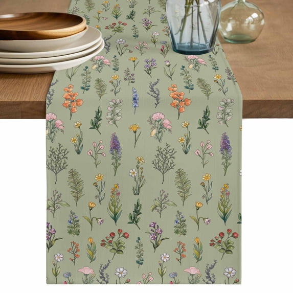 Sage Green Wildflowers Short Table Runner 36 Inches Long,Farmhouse Herbs Floral Summer Cotton Linen Table Runners Dresser Scarves,Fabric Tabletop Scarf Furniture Cover for Home Dinner Party 13"x36"