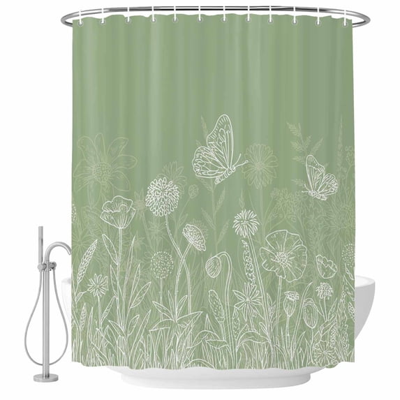 Sage Green Wildflowers Shower Curtain Set - Long 72" x 84" Washable Bathtub Curtain with 12 Hooks, Modern Floral Butterfly Plant Waterproof Fabric Stall Shower Curtains for Bathroom/Bathtub Décor