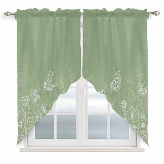 Sage Green Wildflowers Swag Valances for Windows 2 Pack, Kitchen Window Curtains 36 Inch Length, Modern Floral Butterfly Plant Privacy Swag Curtains for Living Room/Bathroom with Rod Pocket 36"x36"