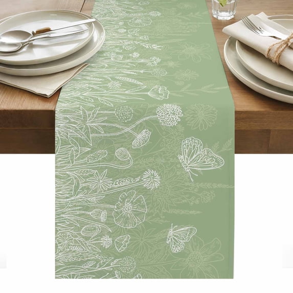Sage Green Wildflowers Table Runner - 72 Inch Long, Kitchen Dining Table Runner Dresser Scarves, Modern Floral Butterfly Plant Farmhouse Decor for Coffee Tables Wedding Party Banquet