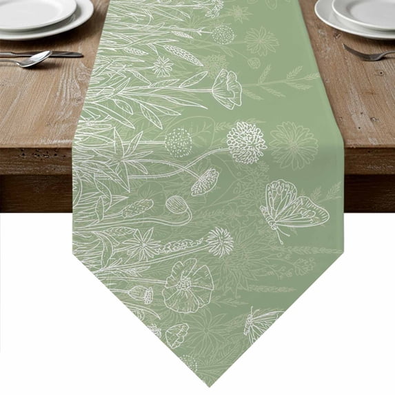 Sage Green Wildflowers Table Runner Linen Burlap Table Runner 70 Inches Long Modern Floral Butterfly Plant Dresser Scarves for Kitchen Island Coffee Dining Party Wedding Banquet Holiday Decor 13"x70"