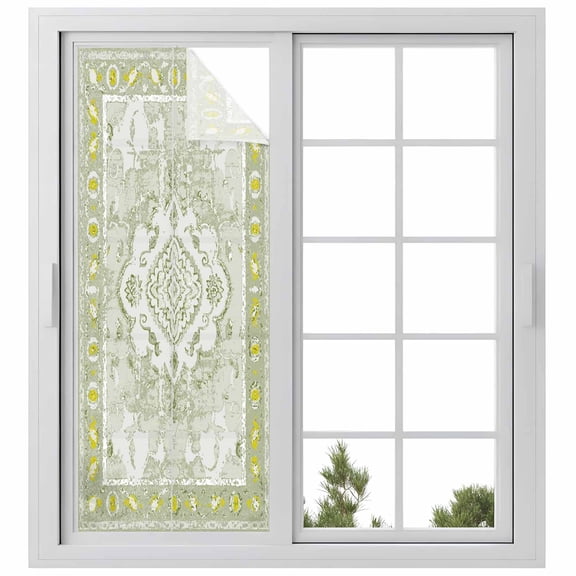 Sage Green Window Privacy Film, Boho Retro Decorative Abstract Floral Ethnic Static Cling UV Sun Blocking Heat Control Window Tint, Non-Adhesive One Way Windows Privacy Cover 23.6''x59''