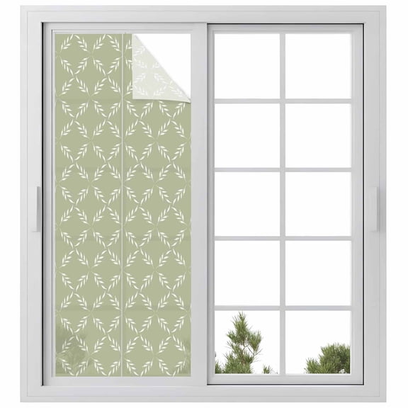 Sage Green Window Privacy Film, Geometric Flower Leaf Diamond Plaid Retro Static Cling UV Sun Blocking Heat Control Window Tint Day and Night, Non-Adhesive One Way Windows Privacy Cover 23.6''x59''