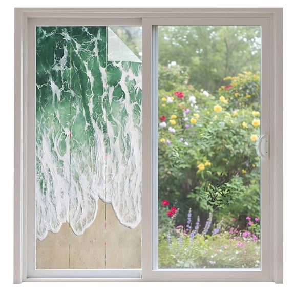 Sage Green Window Privacy Film Ocean Wave Coastal Beach Seaside Scenery Abstract Decorative Glass Window Film UV Blocking Static Cling Non-Adhesive Sticker Covering for Home Door 35.4x78.7 inches