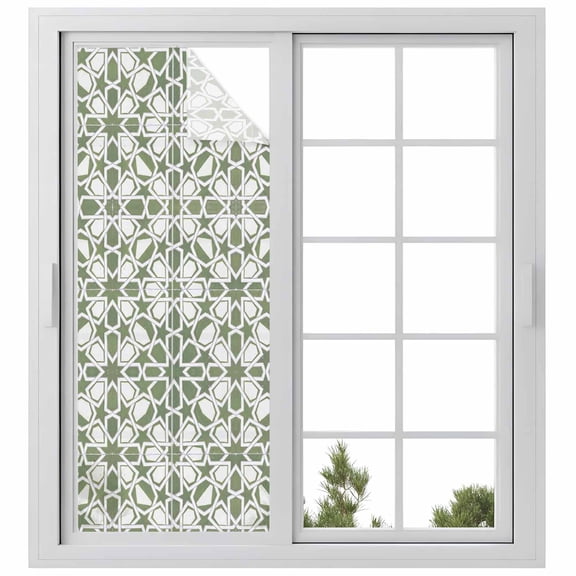 Sage Green Window Privacy Film, Retro Abstract Morocco Geometric Texture Static Cling UV Sun Blocking Heat Control Window Tint Day and Night, Non-Adhesive One Way Windows Privacy Cover 23.6''x59''
