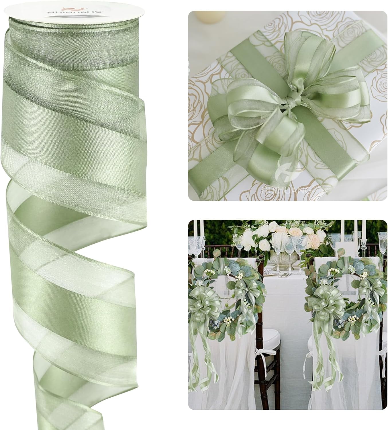 Sage Green Wired Ribbon 2.5 inch with Satin Stripe Sheer Wired Ribbon for Christmas Tree, Bows Making, Wreaths, Gift Wrapping, Wedding Bridal Shower Decorations-Continous 10 Yards