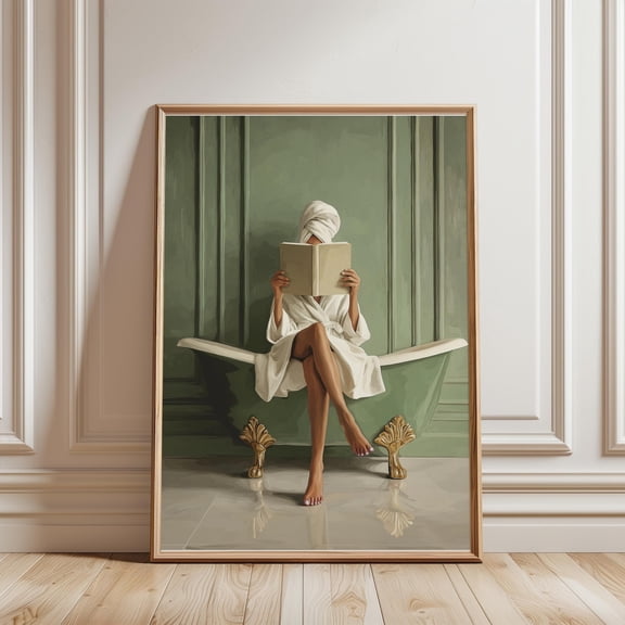 Sage Green Woman Reading Bathtub Print, Green Wall Art, Bathroom Decor, Trendy Wall Art, Library, Minimalist Decor, Dopamine Decor