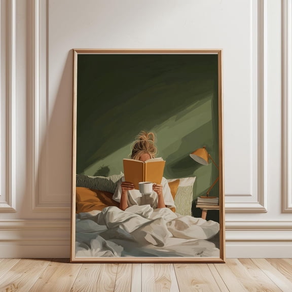 Sage Green Woman Reading In Bed Print Green Wall Art Book Lover Wall Art Reading Nook Gift For Book Lovers Sage Green Print, Unframed Paper Print