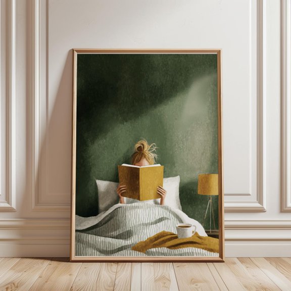 Sage Green Woman Reading In Bed Print Green Wall Art Book Lover Wall Art Reading Nook Gift For Book Lovers Sage Green Print, Unframed Paper Print