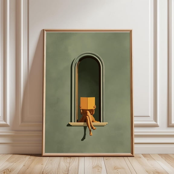Sage Green Woman Reading Print Green Wall Art Library Book Lover Gifts Minimalist Decor Dopamine Decor Reading Nook Bedroom Wall Art, Unframed Paper Print