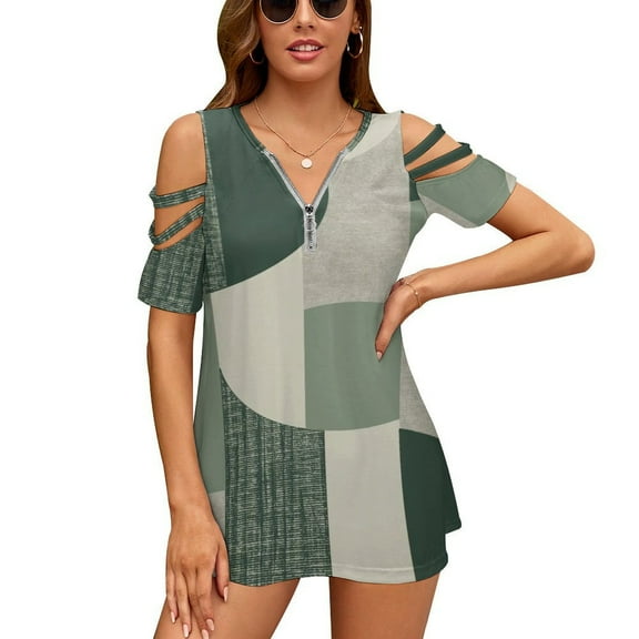 Sage Green Womens Summer V Neck Zipper Top Short Sleeve T Shirt Off Shoulder Top Casual Classy Loose Shirts