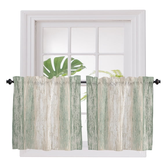 Sage Green Wooden 2 Panel Kitchen Curtains for Small Windows, Farmhouse Brown Vintage Distressed Bathroom Tier Curtain, Short Window Treatment for Bedroom/Living Room 55"x24"