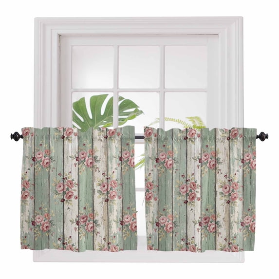 Sage Green Wooden 2 Panel Kitchen Curtains for Small Windows, Farmhouse Pink Florals Distressed Bathroom Tier Curtain, Short Window Treatment for Bedroom/Living Room 55"x36"