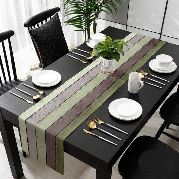 Sage Green Wooden Cotton Linen Long Table Runner 13 x 108 inch Grey Stripe Gradient Country Rustic Non-slip Rectangular Dining Table Decor for Wedding Party Holiday Dinner