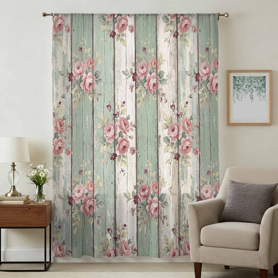 Sage Green Wooden Sheer Curtains 96 Inches Long, Farmhouse Pink Florals Distressed Light Filering Curtains, Privacy Drapes Simi Floor to Veiling Curtain for Living Room Bedroom Large Window Treatment
