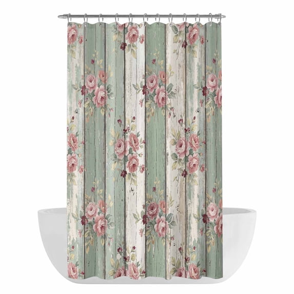 Sage Green Wooden Shower Curtain - Water Repellent Fabric Shower Curtains Washable, Farmhouse Pink Florals Distressed Decorative Polyester Cloth Bathroom Curtains Modern Bath Decor 36"x72"