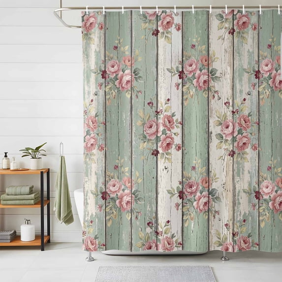 Sage Green Wooden Shower Curtains for Bathroom, Farmhouse Pink Florals Distressed Waterproof Fabric Shower Curtain, Decorative Bathroom Curtain for Bathtub, 72"x72", No Hooks Included