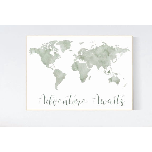 Sage Green World Map Nursery Adventure Awaits Chart