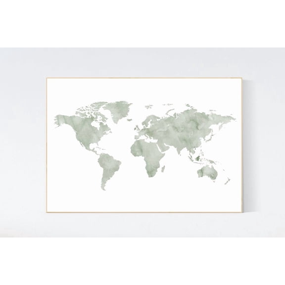 Sage Green World Map Nursery Print, Travel Theme Wall Art, Unframed Paper Poster 8x10in