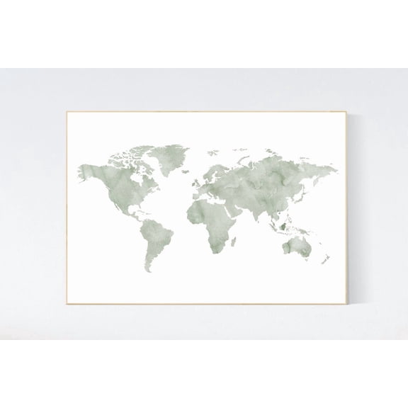 Sage Green World Map Nursery Travel Theme Poster, Elegant Nursery Theme For Nursery, Playroom And Home Decor
