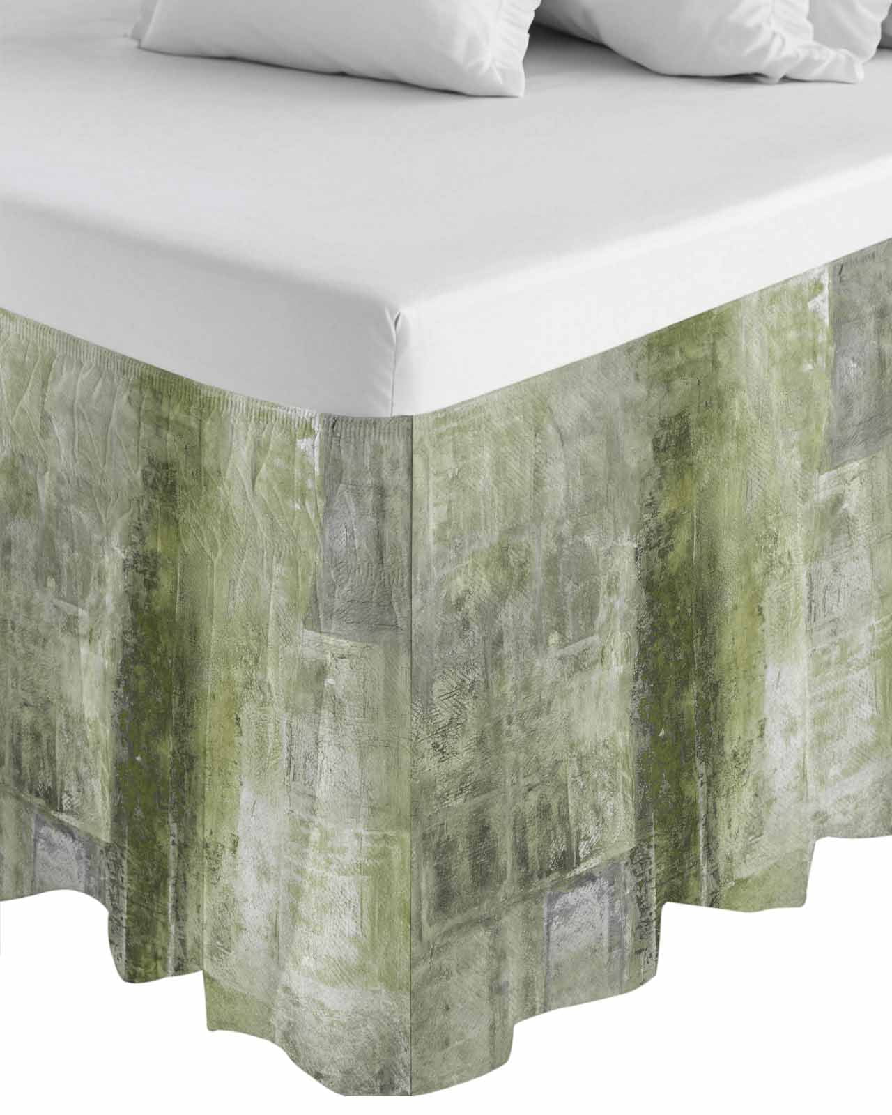 Sage Green Wrap Around Bed Skirts for King Bed 16" Drop,Bed Skirt with Adjustable Elastic Belt Dust Ruffle Bed Valance for Bedroom Retro Oil Painting Modern Abstract Art Aesthetics Bed Frame Cover