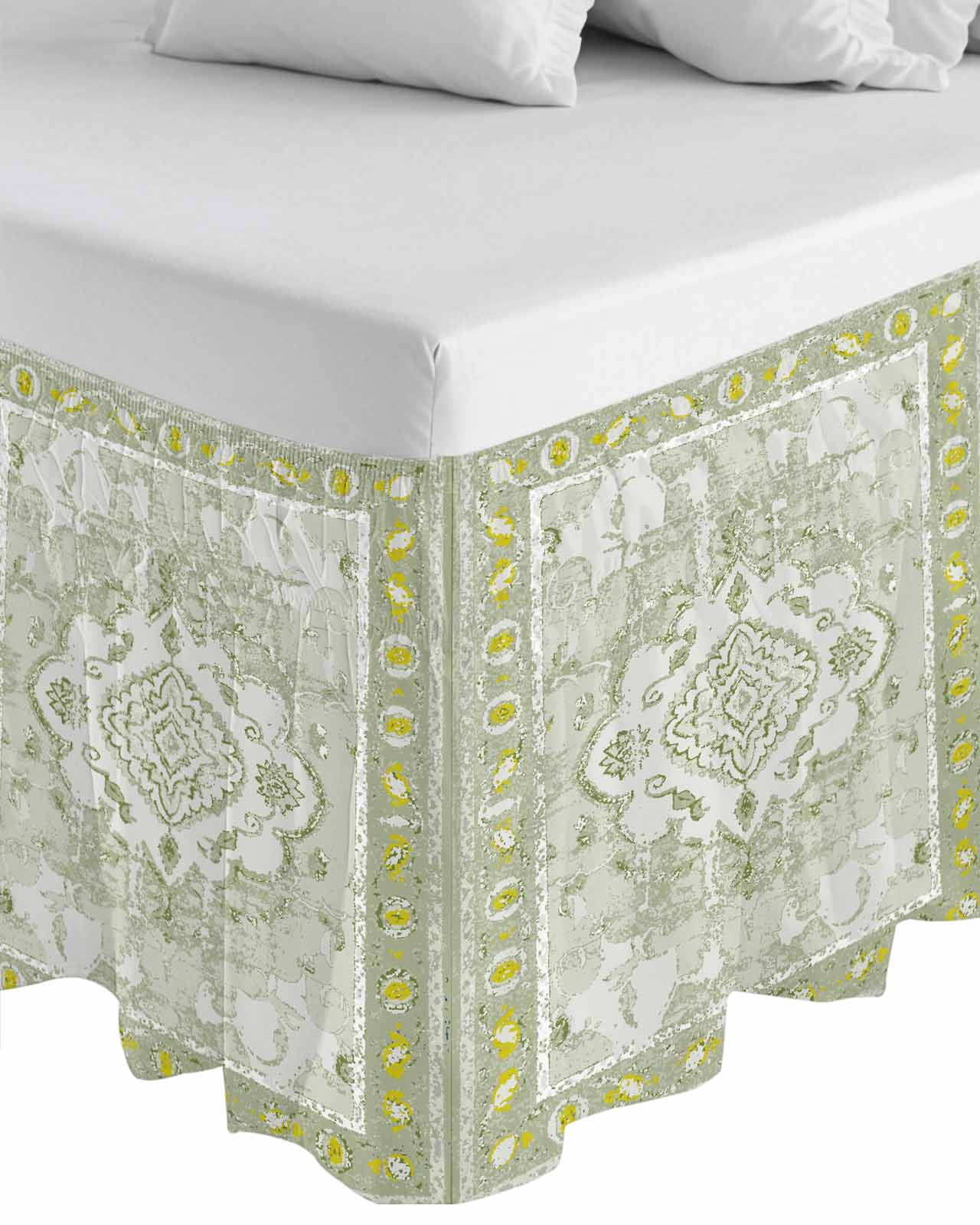 Sage Green Wrap Around Bed Skirts for Queen Bed 16" Drop,Bed Skirt with Adjustable Elastic Belt Dust Ruffle Bed Valance for Bedroom Hotel Boho Retro Decorative Abstract Floral Ethnic Bed Frame Cover