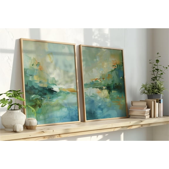 Sage Green & Yellow Abstract Art Prints Nature Inspired Lake Landscape Diptych Organic Forest Decor Spring Wall Decor Set 2