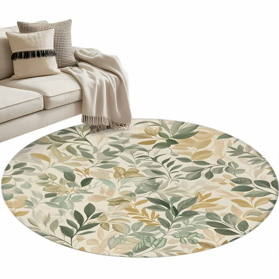 Sage Green Yellow Botanical Round Area Rug 4 FT, Non Slip Indoor Outdoor Rug, Spring Summer Vintage Washable Soft Circular Carpet Non-Shedding Floor Mat for Coffee Table Nursery Foyer Balcony