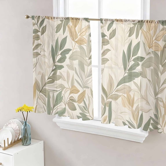 Sage Green Yellow Botanical Semi Sheer Window Curtains 54 Inches Long, Vintage Spring Summer Rod Pocket Voile Silky Chiffon Curtain Light Filtering Drapes for Living Room, Kitchen, 52"x54", 2 Panels