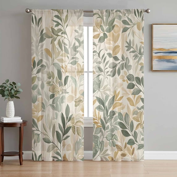 Sage Green Yellow Botanical Sheer Curtains 96 Inch Length 2 Panels Set, Spring Summer Vintage Voile Window Treatment Semi Sheer Long Curtains Drapes for Bedroom/Living Room/Kitchen 52"x96"x2