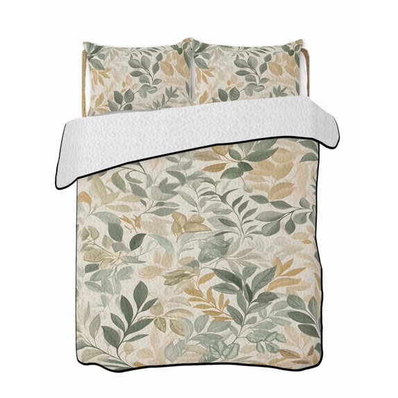 Sage Green Yellow Botanical Summer Quilt Set Twin Size, Soft Microfiber Quilted Bedding Set with 2 Pillow Shams, Spring Summer Vintage Lightweight All Season Bedspread Coverlet for Bedroom 68"x86"