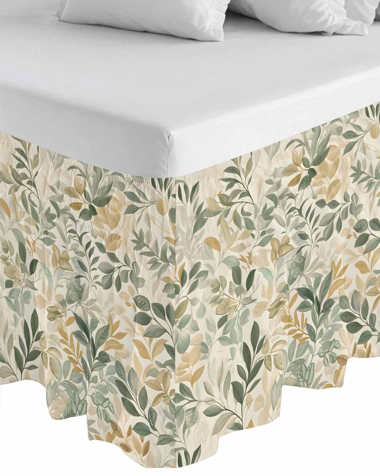 Sage Green Yellow Botanical Wrap Around Bed Skirts for Queen Bed 16" Drop,Bed Skirt with Adjustable Elastic Belt Dust Ruffle Bed Valance for Bedroom Hotel Luxury Spring Summer Vintage Bed Frame Cover