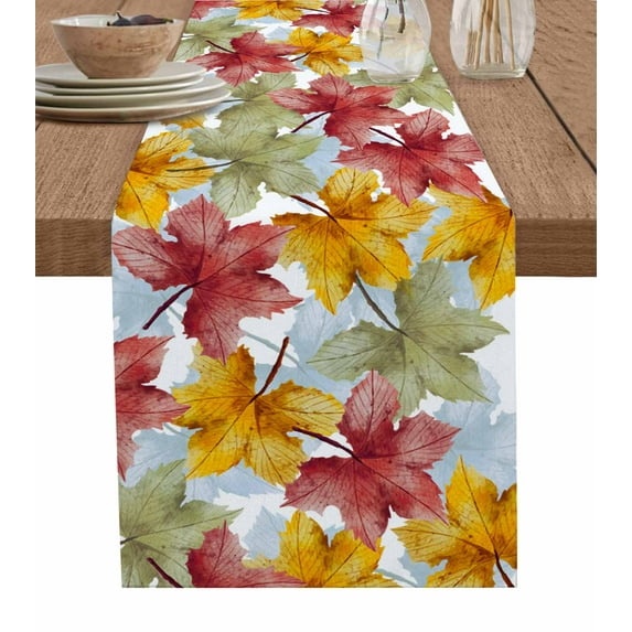 Sage Green Yellow Red Maple Burlap-Cotton Table Runner 36 Inches Long,White Fall Thanksgiving Leaves Country Farmhouse Table Runners,Outdoor Dining Tablecloths for Baby Shower Party Wedding 13x36