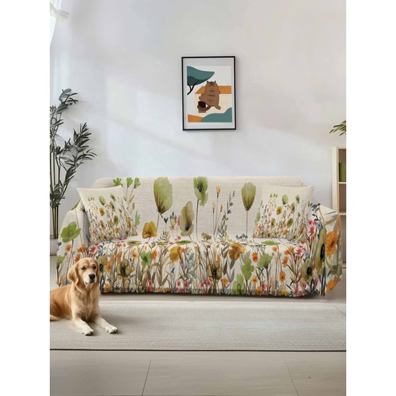 Sage Green Yellow Spring Floral Couch Cover for 2 Cushion Couch, Watercolor Botanical Summer Flowers Washable Love Seat Sofa Covers Slipcover, Throw Sofa Covers for Pets, Furniture Protector 71"x102"