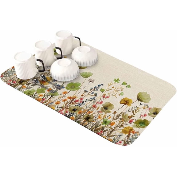 Sage Green Yellow Spring Floral Dish Drying Mat for Kitchen Counter, Absorbent Quick Dry Coffee Bar Mat Pad Thin Diatomaceous Sink Mat Dish Drainer Mat 23.5x15.5 Farmhouse Botanical Summer Flowers