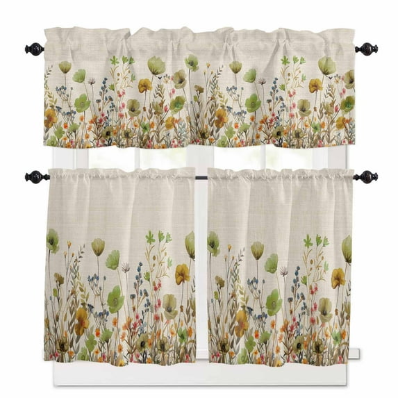 Sage Green Yellow Spring Floral Kitchen Curtain Set, Watercolor Botanical Summer Flowers Window Valance and Tiers 24" Length, Light Filtering Short Curtains Valance for Cafe Bathroom Bedroom 54"x18"