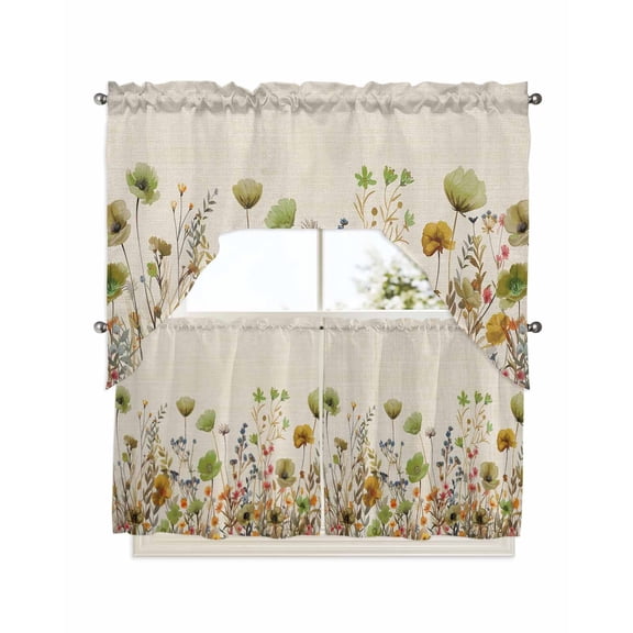 Sage Green Yellow Spring Floral Kitchen Curtains Swag Valance and Tier Curtains Set 24 Inch Length, Watercolor Botanical Summer Flowers Rod Pocket Drape Pair Swag Curtains for Bathroom/Cafe/Window