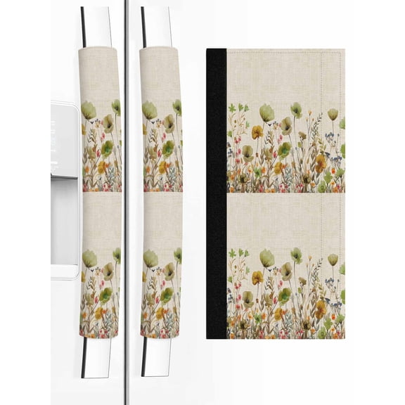 Sage Green Yellow Spring Floral Refrigerator Door Handle Covers Set of 2,Watercolor Botanical Summer Flowers Kitchen Fridge Microwave Oven Dishwasher Stove Cabinet Handle Protectors Appliance Decor
