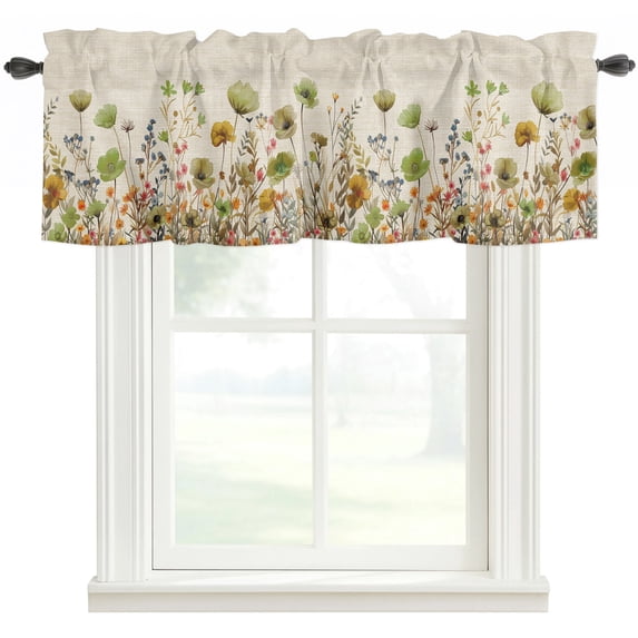 Sage Green Yellow Spring Floral Rod Pocket Curtain Valance, Watercolor Botanical Summer Flowers Farmhouse Window Valance for Living Room, Bedroom, Kitchen 60"W x 18"L