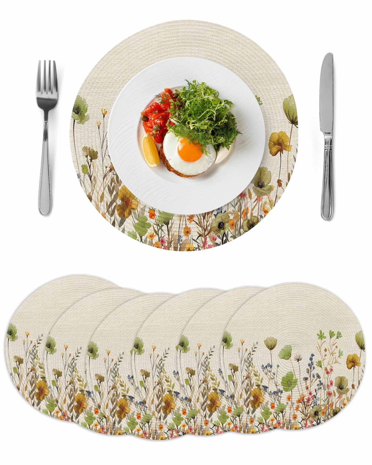 Sage Green Yellow Spring Floral Round Placemats Set of 6 for Dinning ...