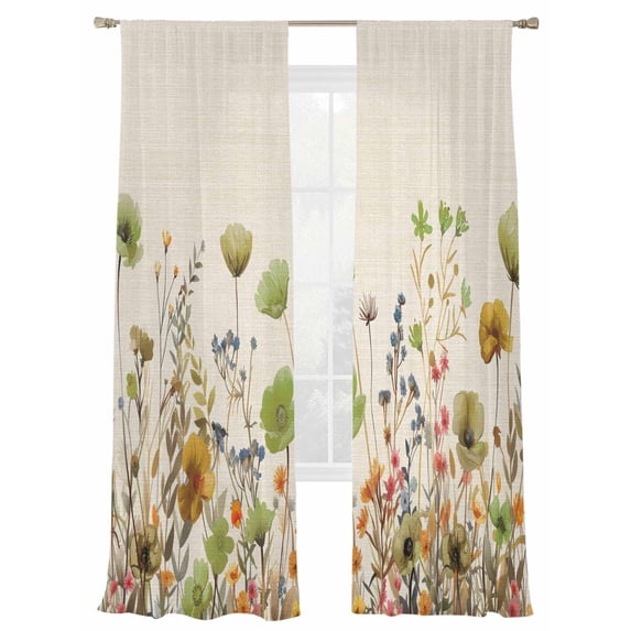 Sage Green Yellow Spring Floral Sheer Curtains 96 Inch Length 2 Panels Set, Semi Transparent Voile Rod Pocket Curtains for Living Dining Room Bedroom Drapes Watercolor Botanical Summer Flowers