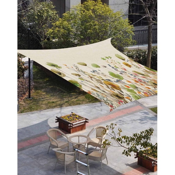 Sage Green Yellow Spring Floral Sun Shade Sail 8'x10' Rectangle Outdoor Shade Canopy, Watercolor Botanical Summer Flowers Porch Shades Outdoor Sun Blocking Screen, Sunshade Cloth Covers for Patio